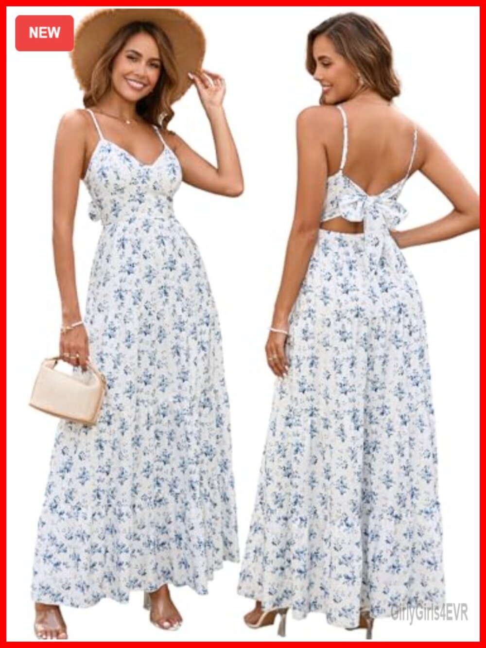 Women Floral Maxi Sundress Boho Beach Long Dress A-Line V-Neck Spaghetti Strap